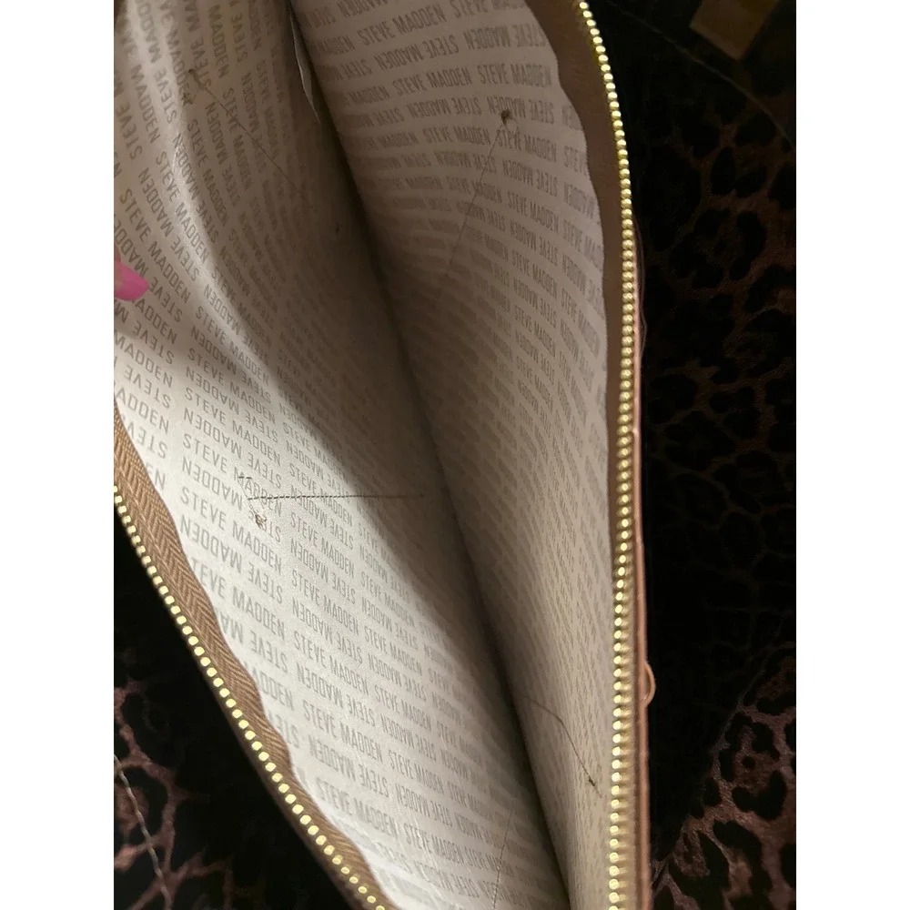 Steve‎ Madden Cognac Brown Pebbled Tote Bag Leopard Print Lining Embossed Logo